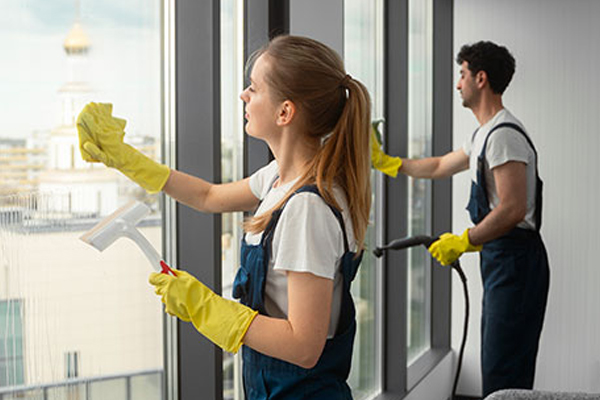 Commercial Cleaners washing large office windows